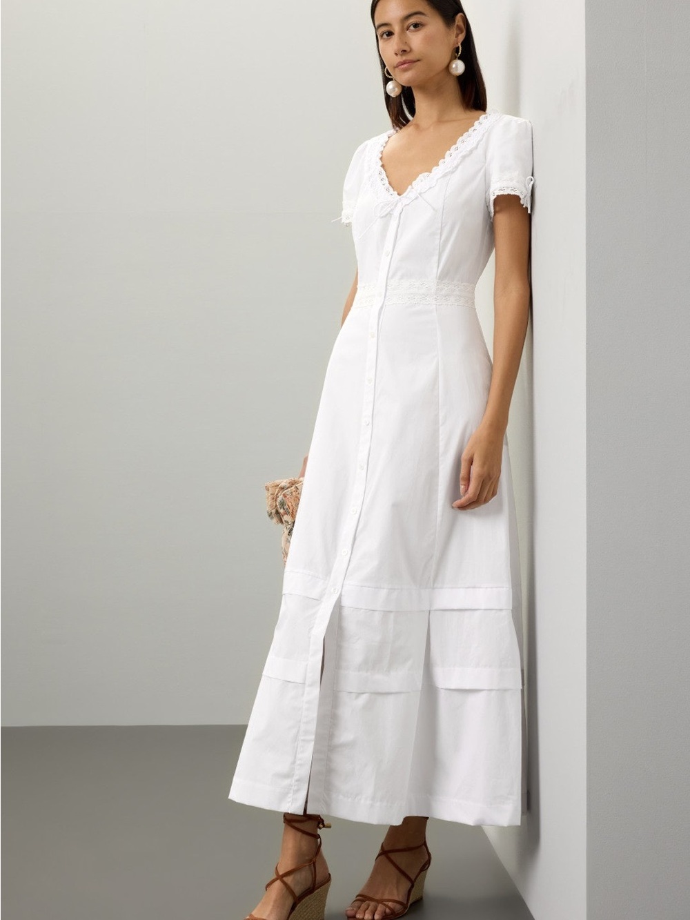 Lace-Trim White Button-Down Maxi Dress
